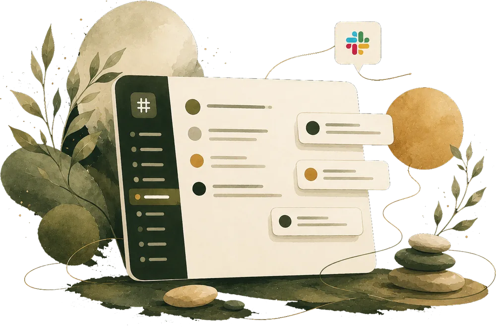 An illustration of a private Slack workspace organized around the work
